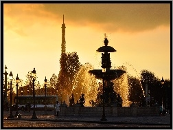 Wieża, Zachód, Słońca, Eiffla, Paryż, Fontanna